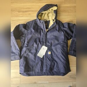 Carhartt Navy Blue Flame Resistant Work Jacket with Yellow Logo Patch Chore